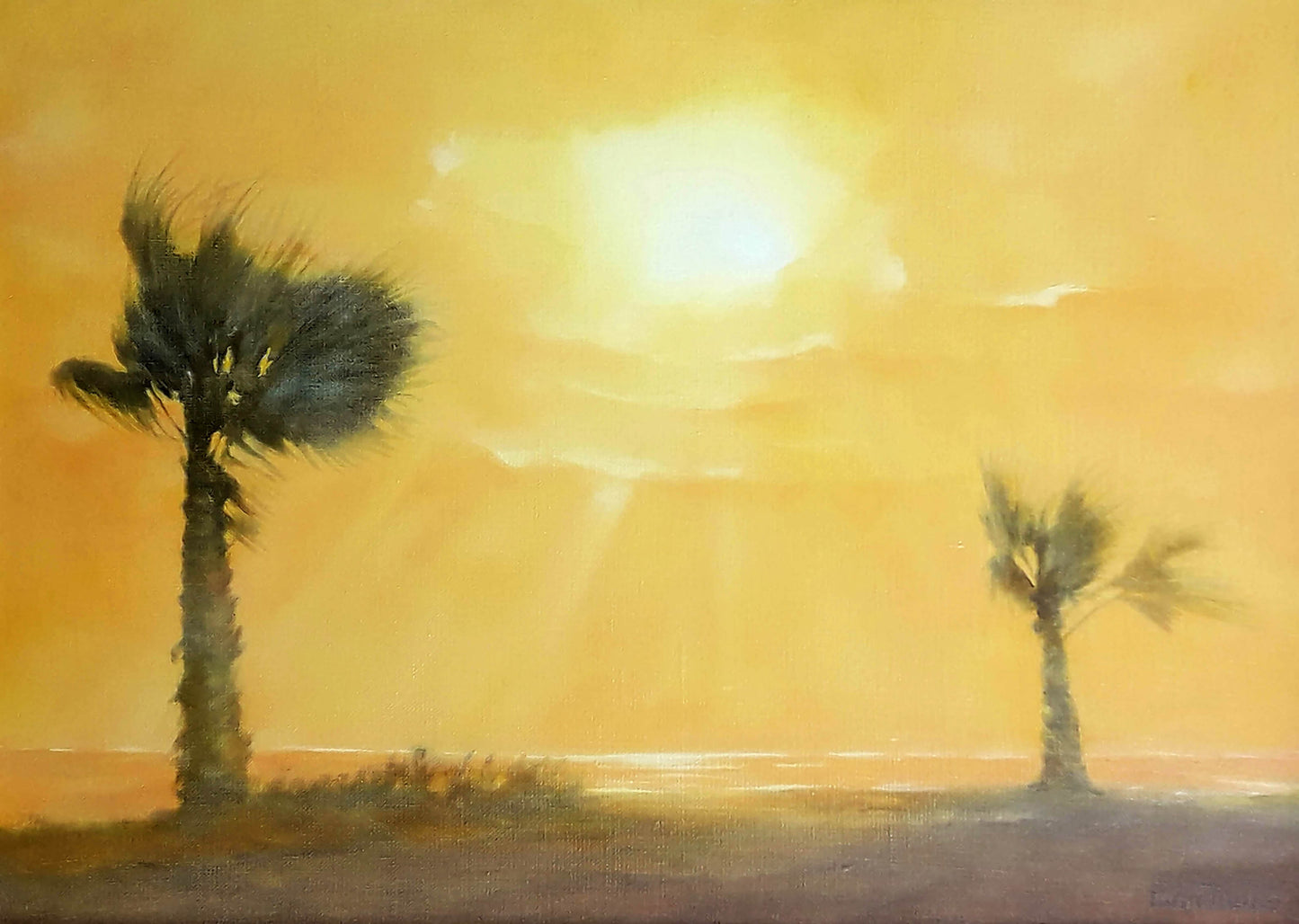 Oil painting Egypt Korkishko Vasily: palm trees silhouetted against sunset