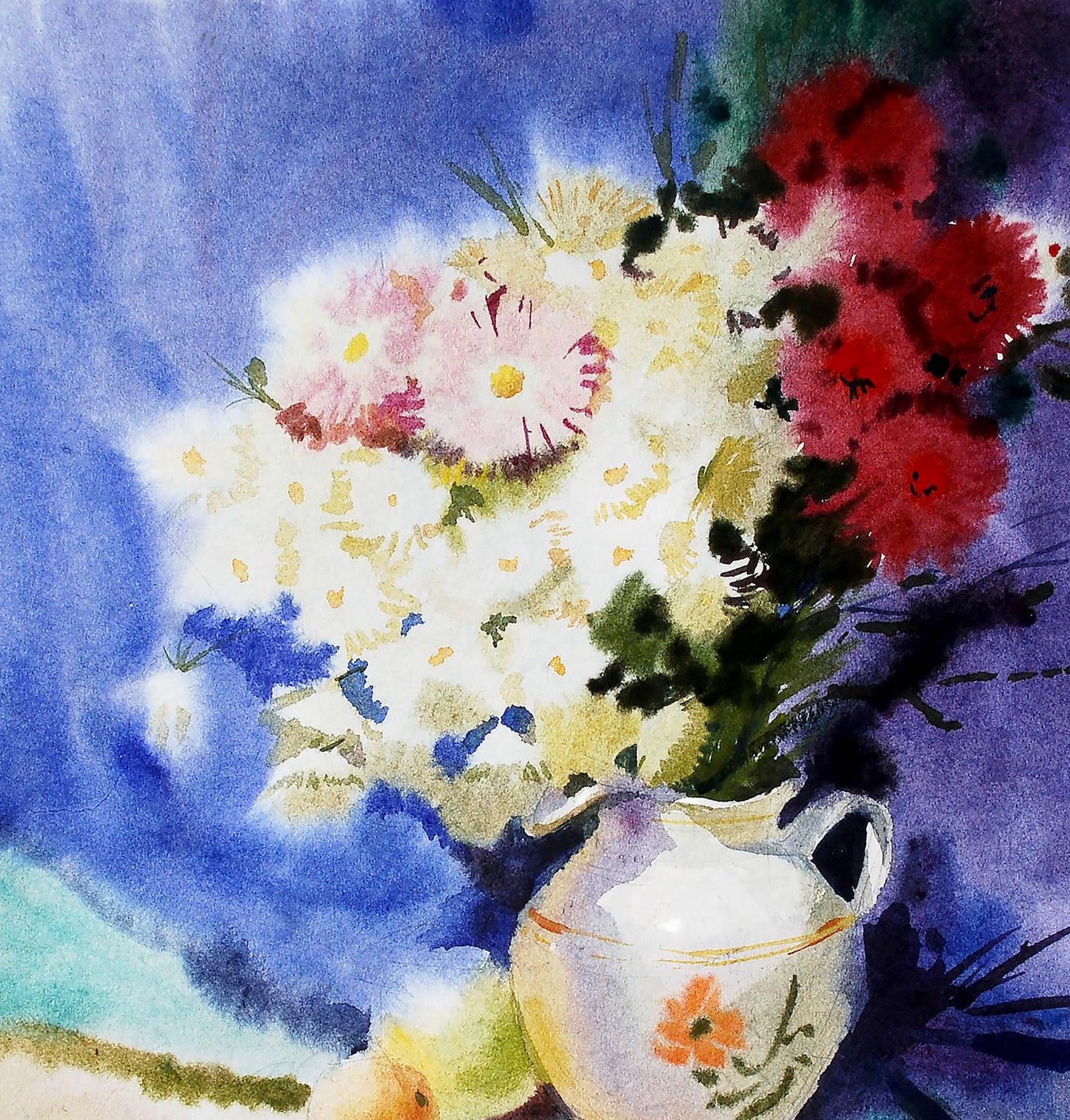 White ceramic vase with orange floral design holding watercolor chamomile bouquet