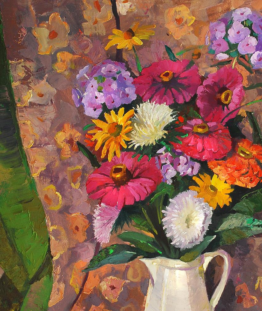 Oil painting of vibrant mixed flowers in white ceramic vase by Egor Shvachunov