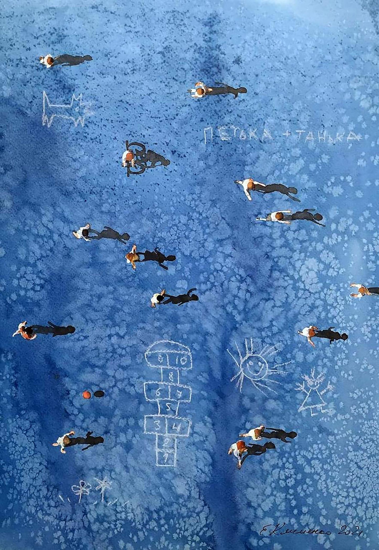 Watercolor painting Noisy yard by Elena Klimenko: whimsical blue chalk art
