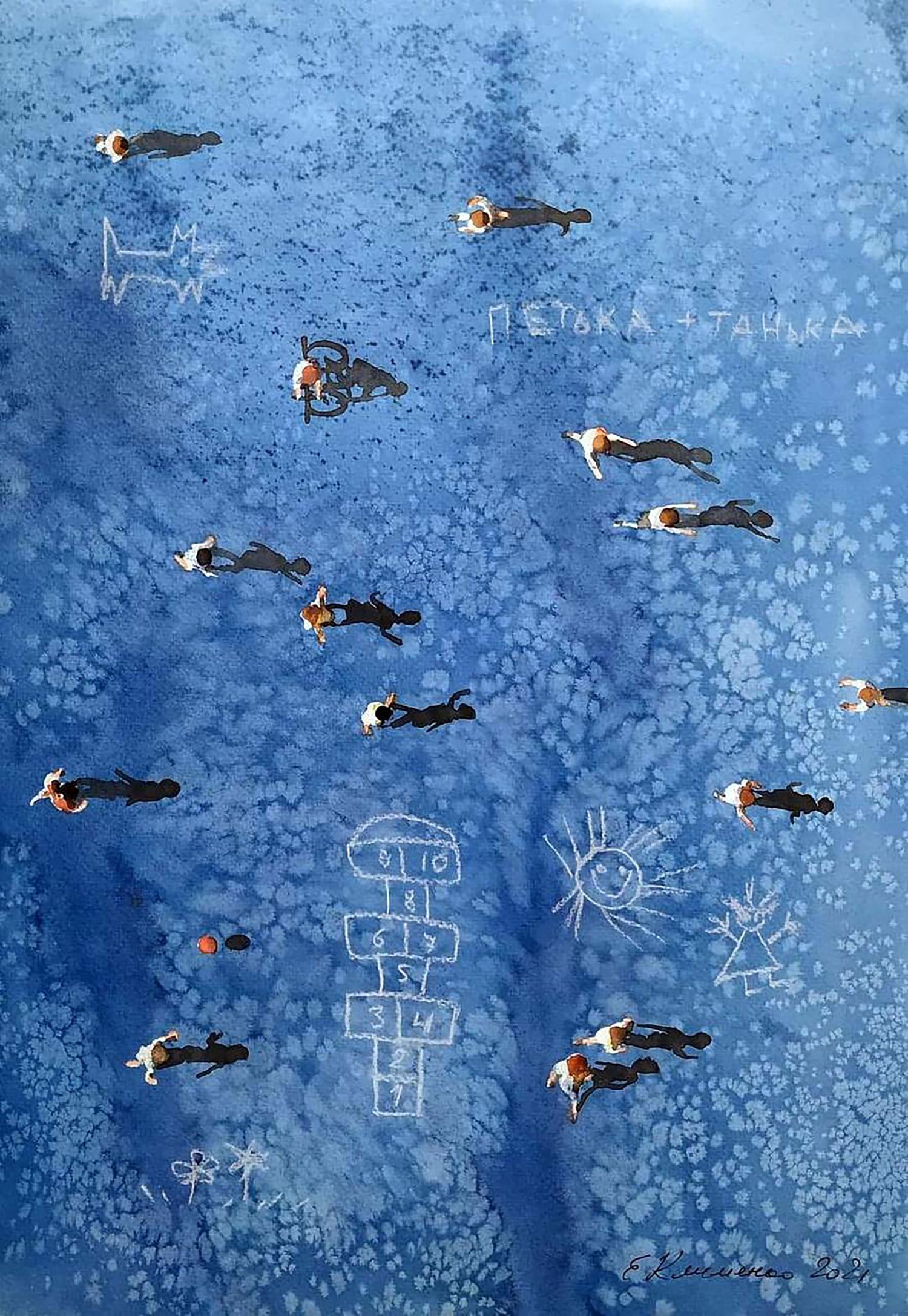 Watercolor painting Noisy yard by Elena Klimenko: whimsical blue chalk art