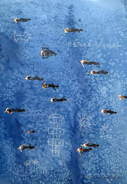 Watercolor painting Noisy yard by Elena Klimenko: whimsical blue chalk art