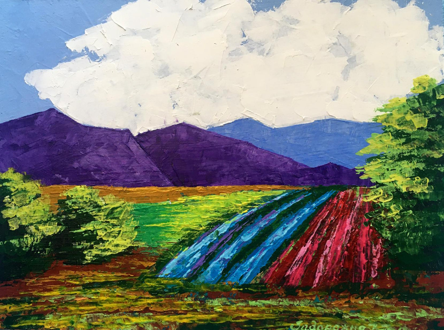 Vibrant oil painting of vineyards in purple mountains by V. Zadorozhnya