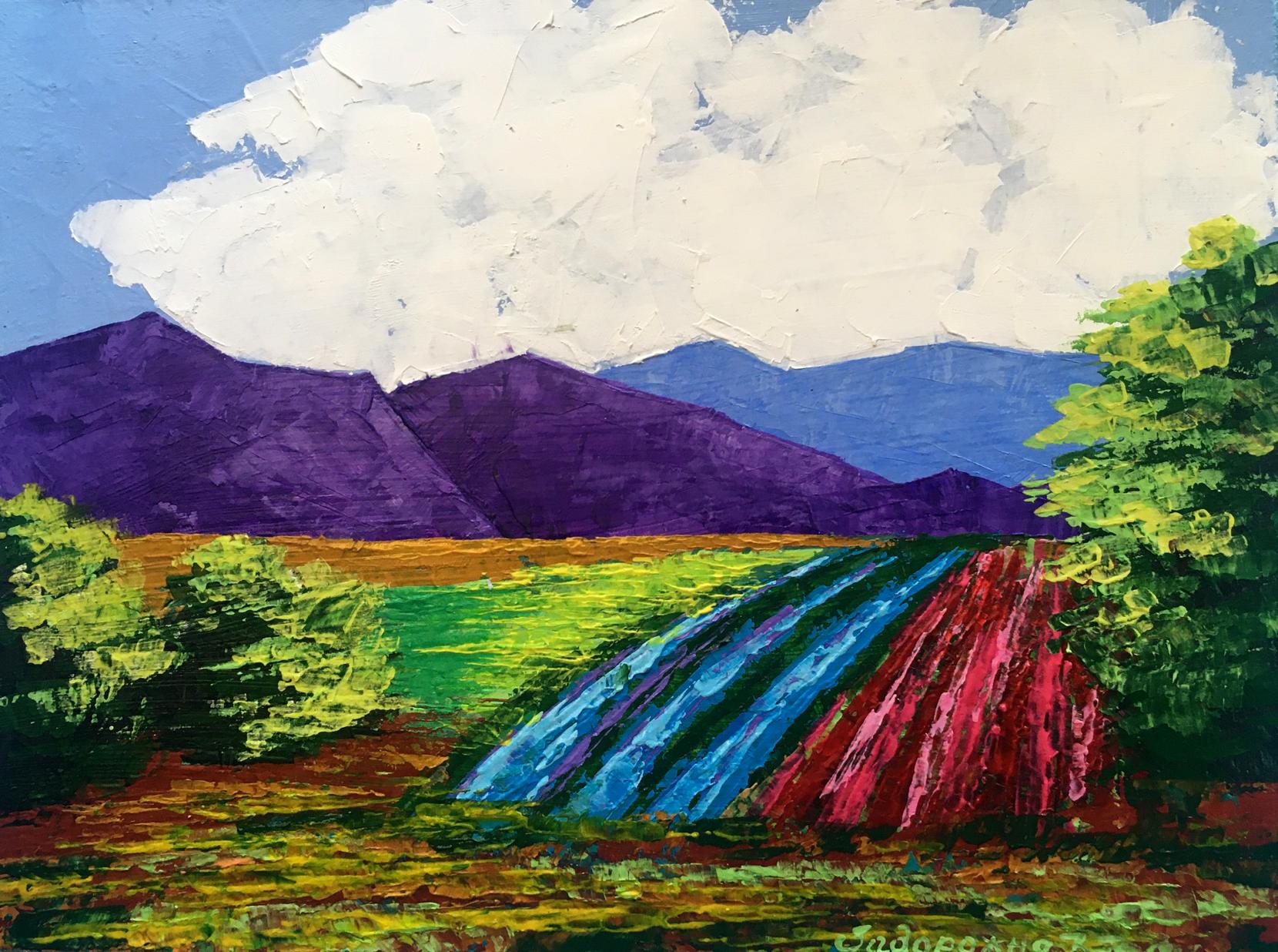 Vibrant oil painting of vineyards in purple mountains by V. Zadorozhnya