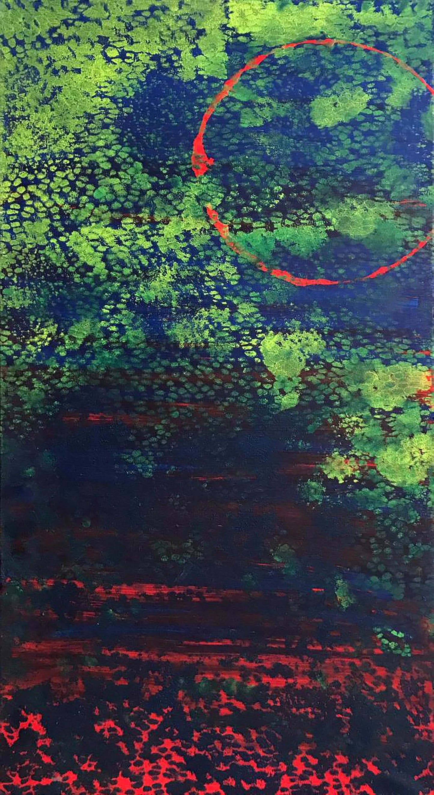 Vibrant acrylic painting Bright night by Melezhik Olga, bold red circle on textured green blue crimson background