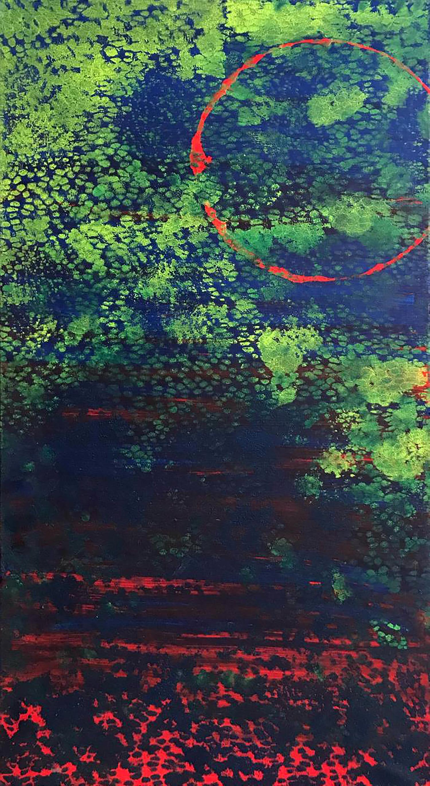Vibrant acrylic painting Bright night by Melezhik Olga, bold red circle on textured green blue crimson background
