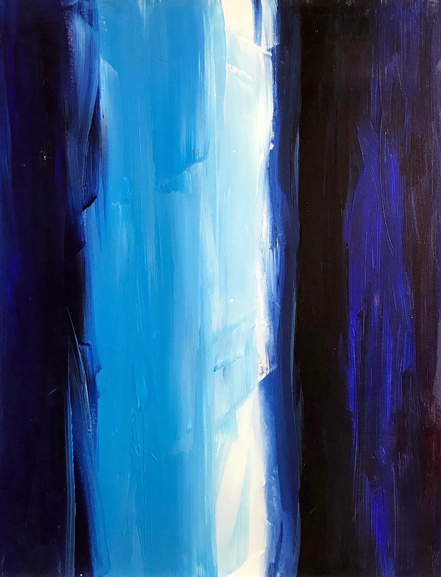 Waterfall vertical abstract painting with bold deep blue cyan black strokes