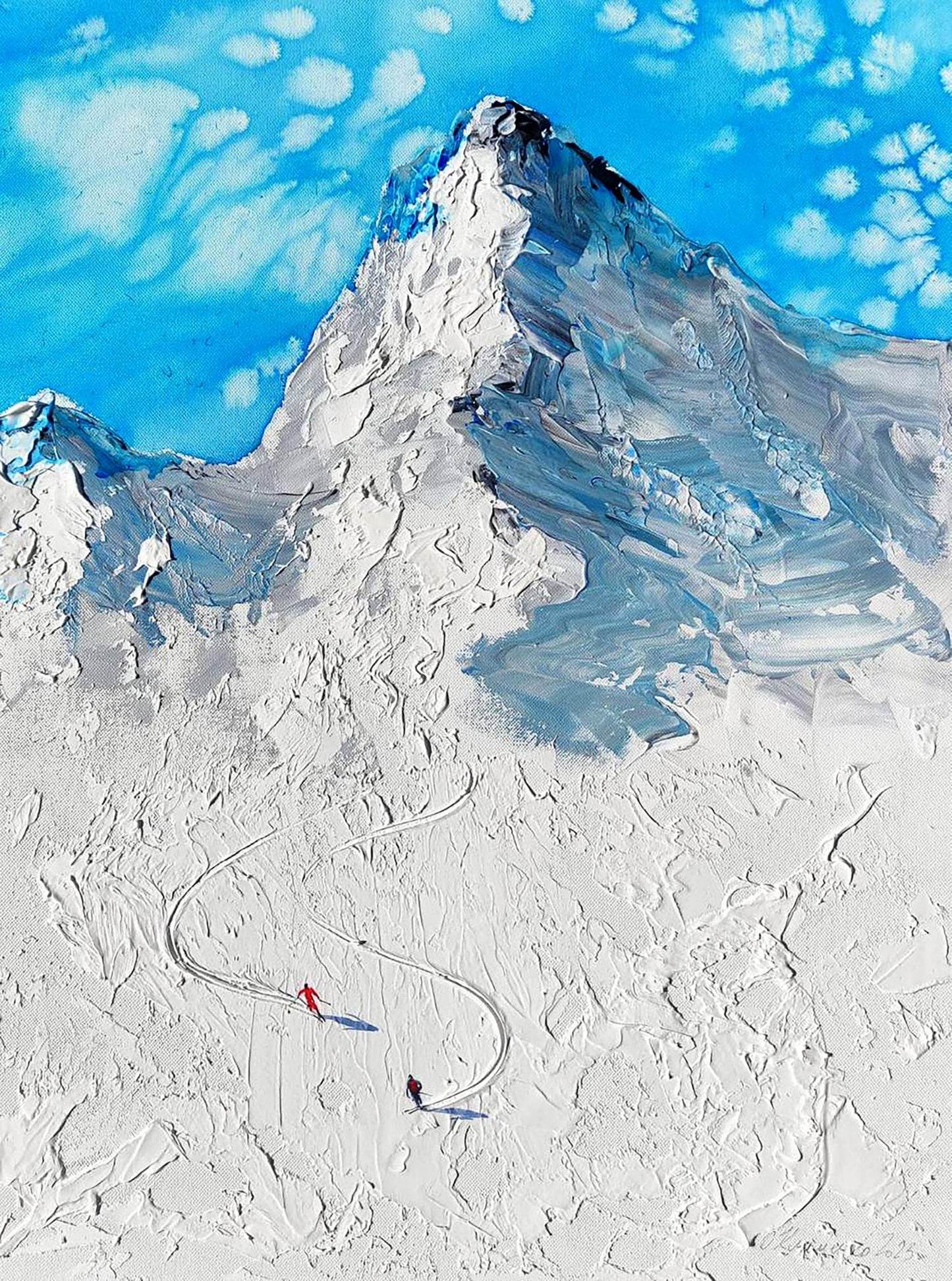 Textured impressionistic acrylic painting of snow-covered Mountains steps to heaven by Elena Klimenko