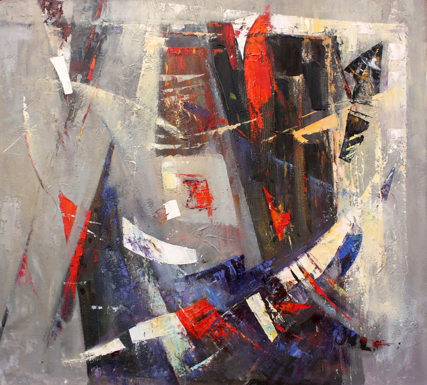 Oil painting Evening by Valentina Alekseevna Kozyar, bold red blue black strokes on gray canvas