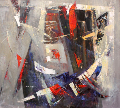 Oil painting Evening by Valentina Alekseevna Kozyar, bold red blue black strokes on gray canvas