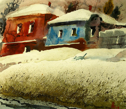 Watercolor winter painting by Egor Shvachunov: red and blue snow houses with gray animal