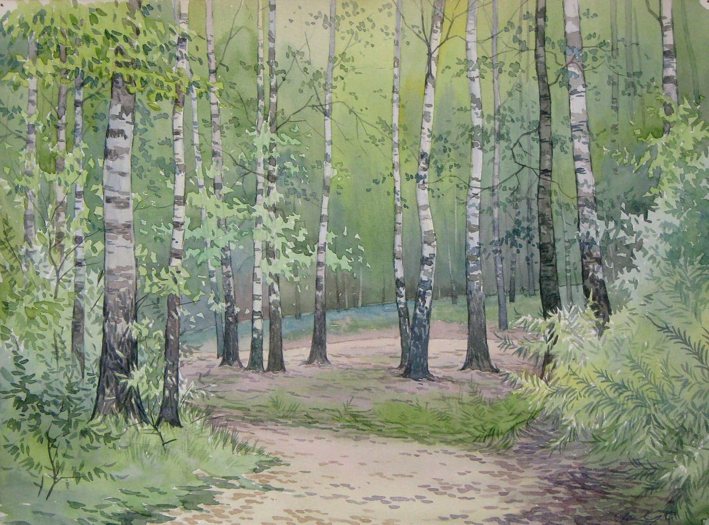 Watercolor painting Road to the birch forest Valery Savenets