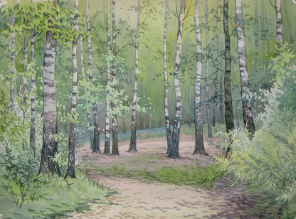 Watercolor painting Road to the birch forest Valery Savenets