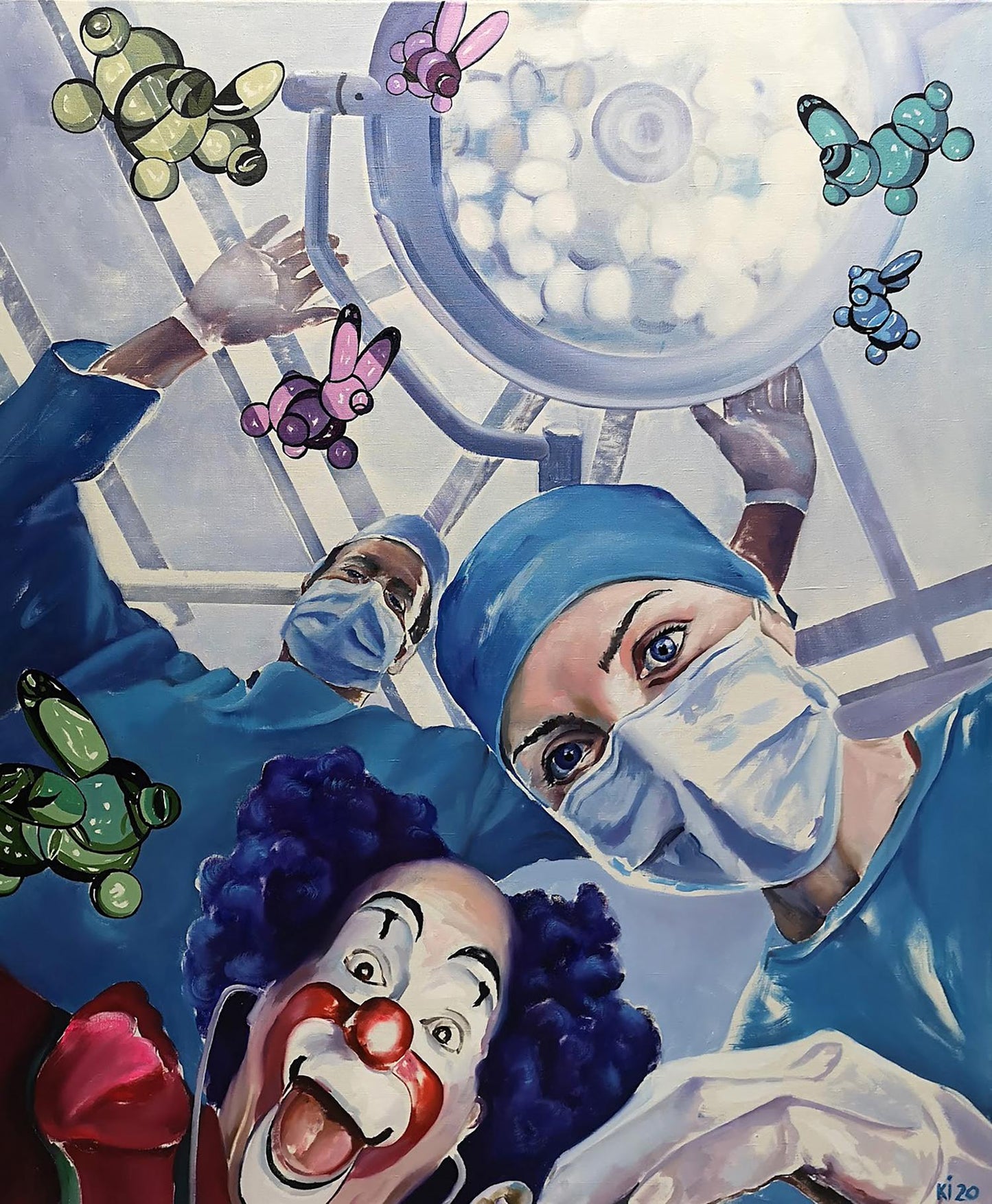 Vibrant Igor Konovalov oil painting of surgeons, clown, insects by surgical light