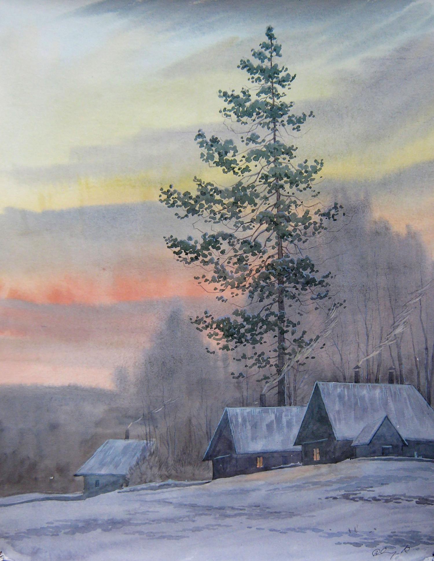 Watercolor painting Landscape with winter comfort Valery Savenets
