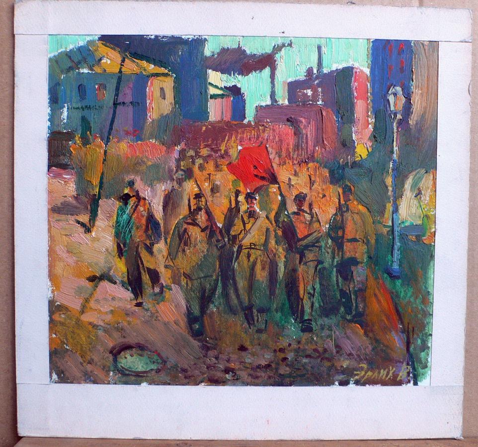 Vibrant impressionistic oil painting by Vladimir Isaakovich Erlikh of marching Chechelev Republic group with red flag