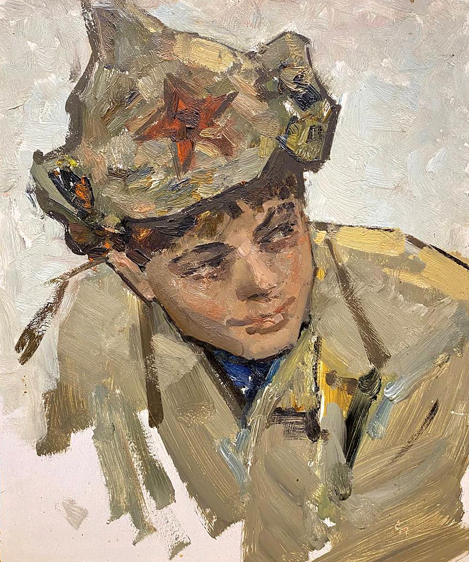 Oil painting Guardsman Stil by Leonid Mikhaylovich, boy in olive-green cap with red star