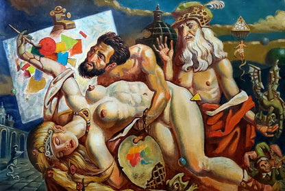 Surreal oil painting by Litvinov Daniil Olegovich: muscular man holds paintbrush over vibrant geometric canvas