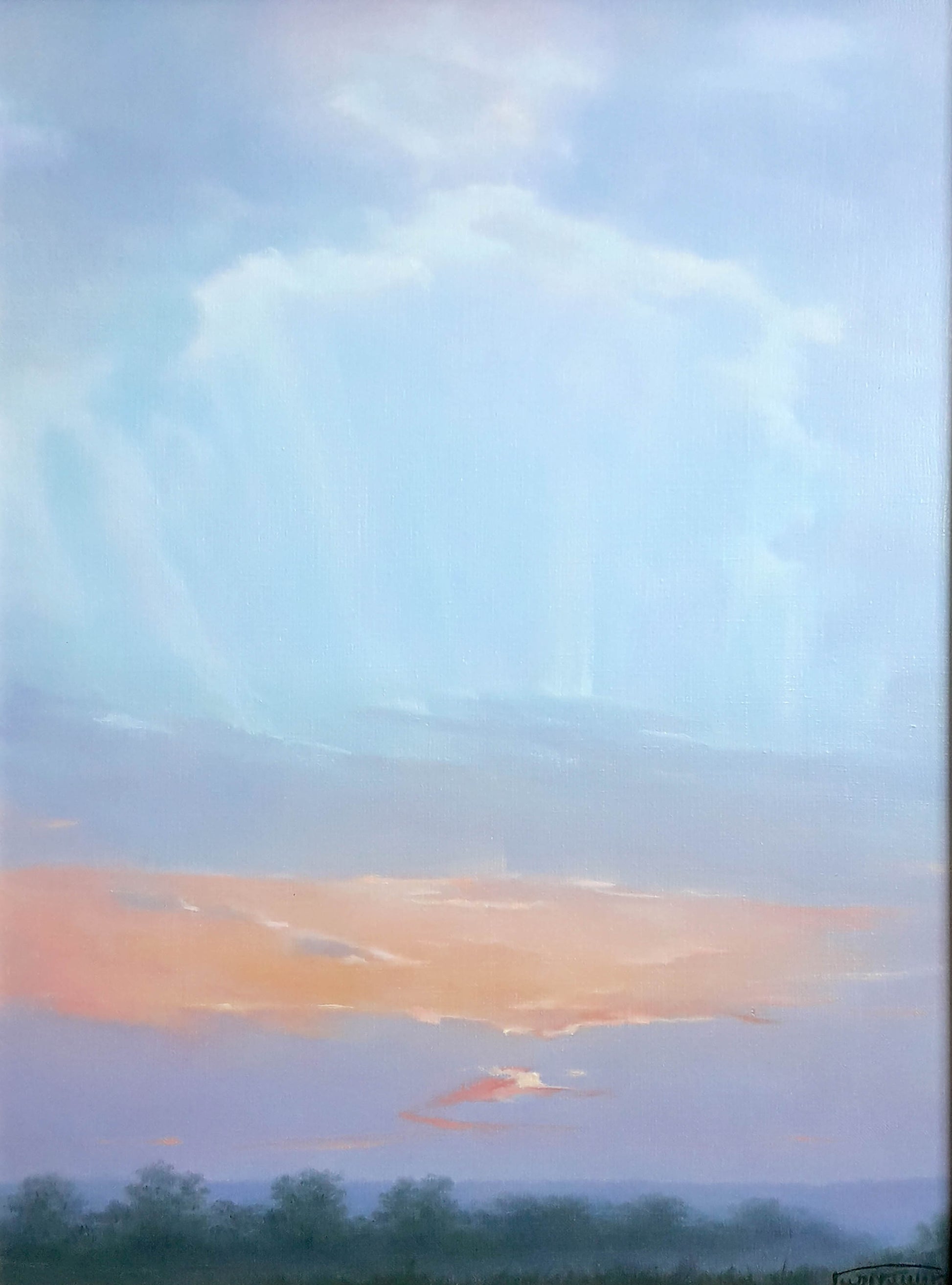 Oil painting Sunrise Korkishko Vasily with pastel sky and dramatic clouds