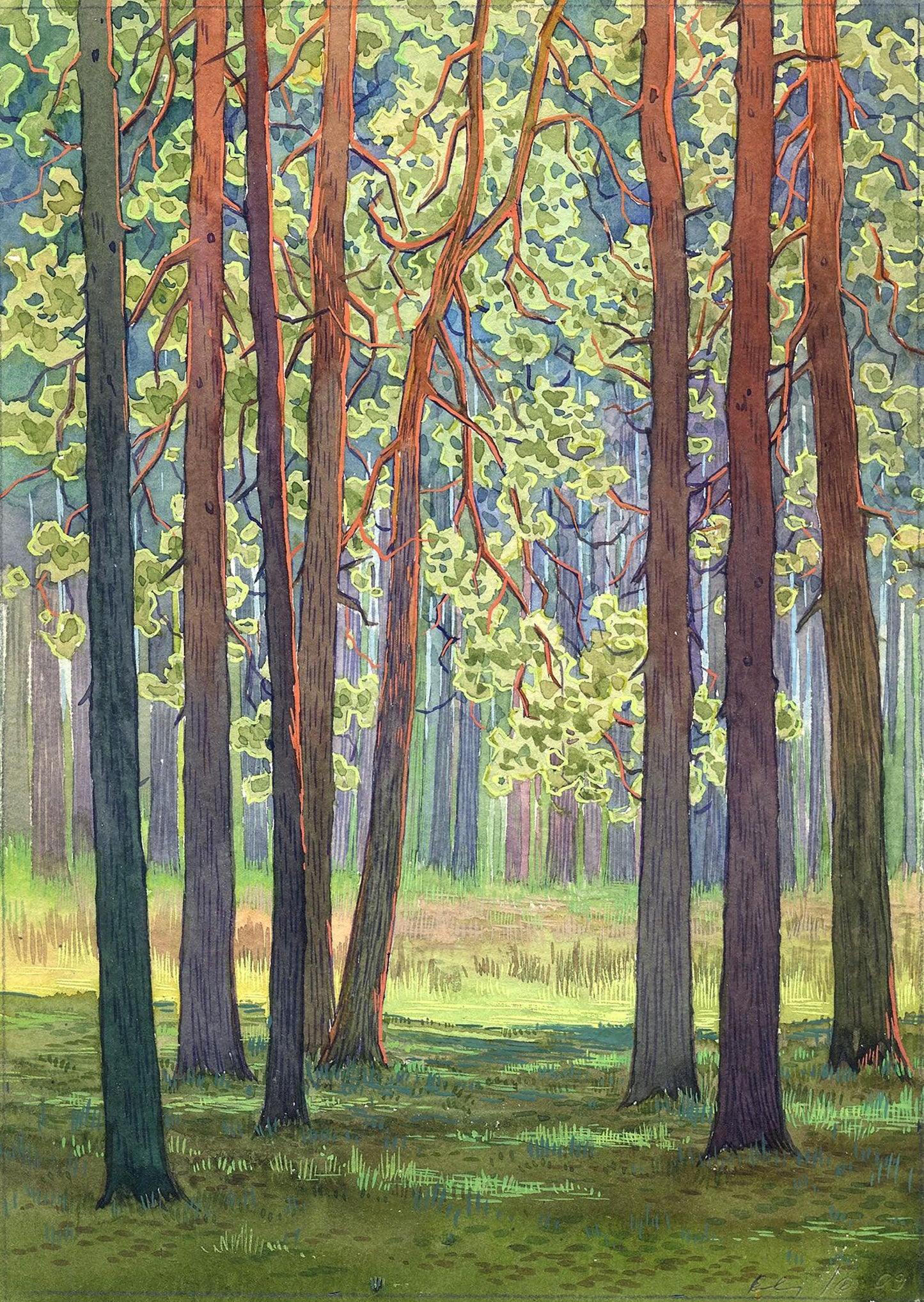 Watercolor painting In the green forest Savenets Valery