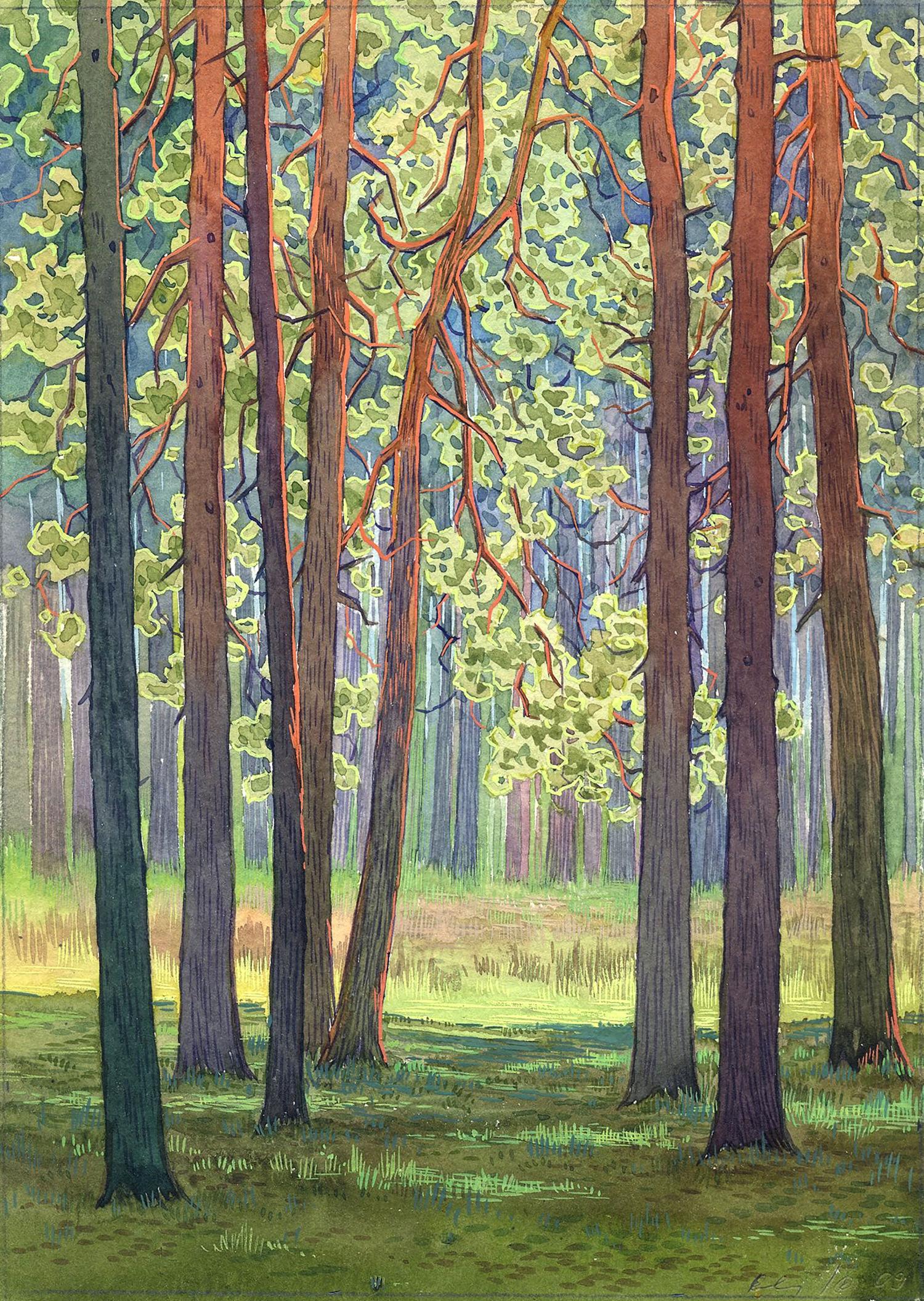 Watercolor painting In the green forest Savenets Valery