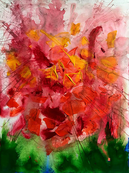 Vibrant acrylic painting Secret Scent by Melezhik Olga, pink red orange splashes on green