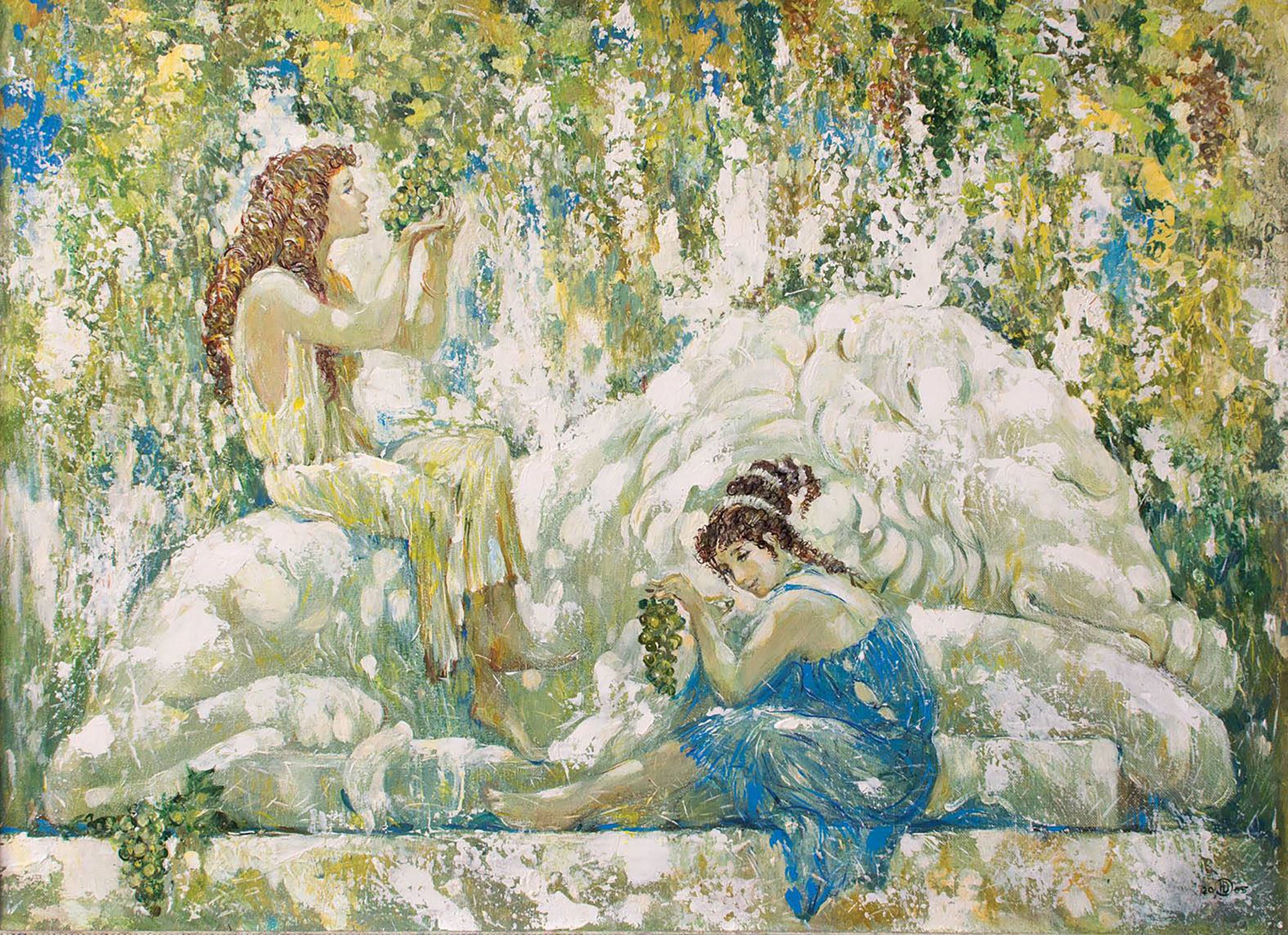 Oil painting Raisins by Dubinin Yurii: two women in colorful gowns amid greenery