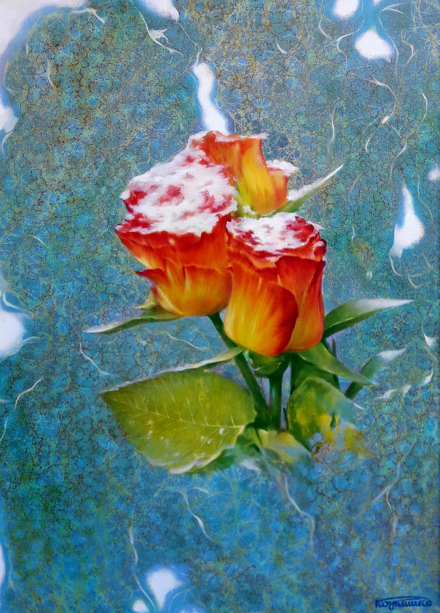 Vibrant orange yellow roses oil painting by Vasily Korkishko on teal background