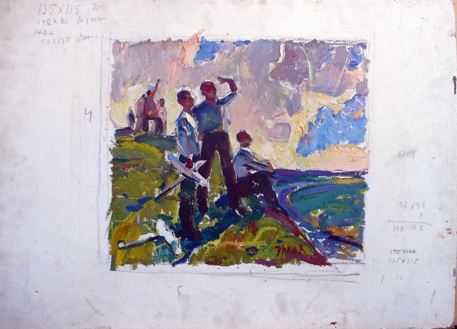 Oil painting Gliders by Erlikh Vladimir Isaakovich, vibrant impressionist hillside scene