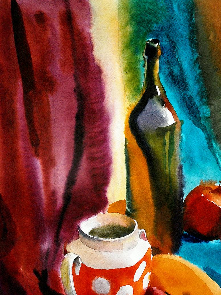 Watercolor tea and fruit still life with green wine bottle and polka dot pitcher by Egor Shvachunov