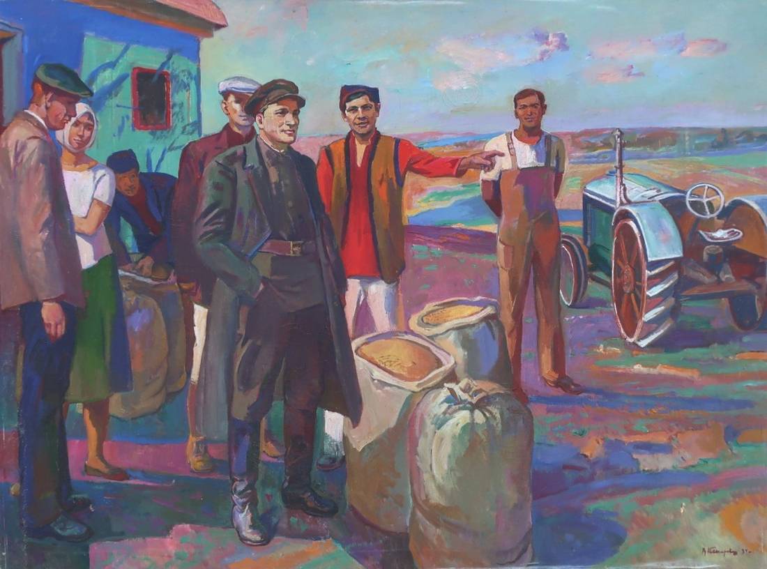 Oil painting by Tokarev Vyacheslav Vasilievich: Socialist Realism grain sacks gathering