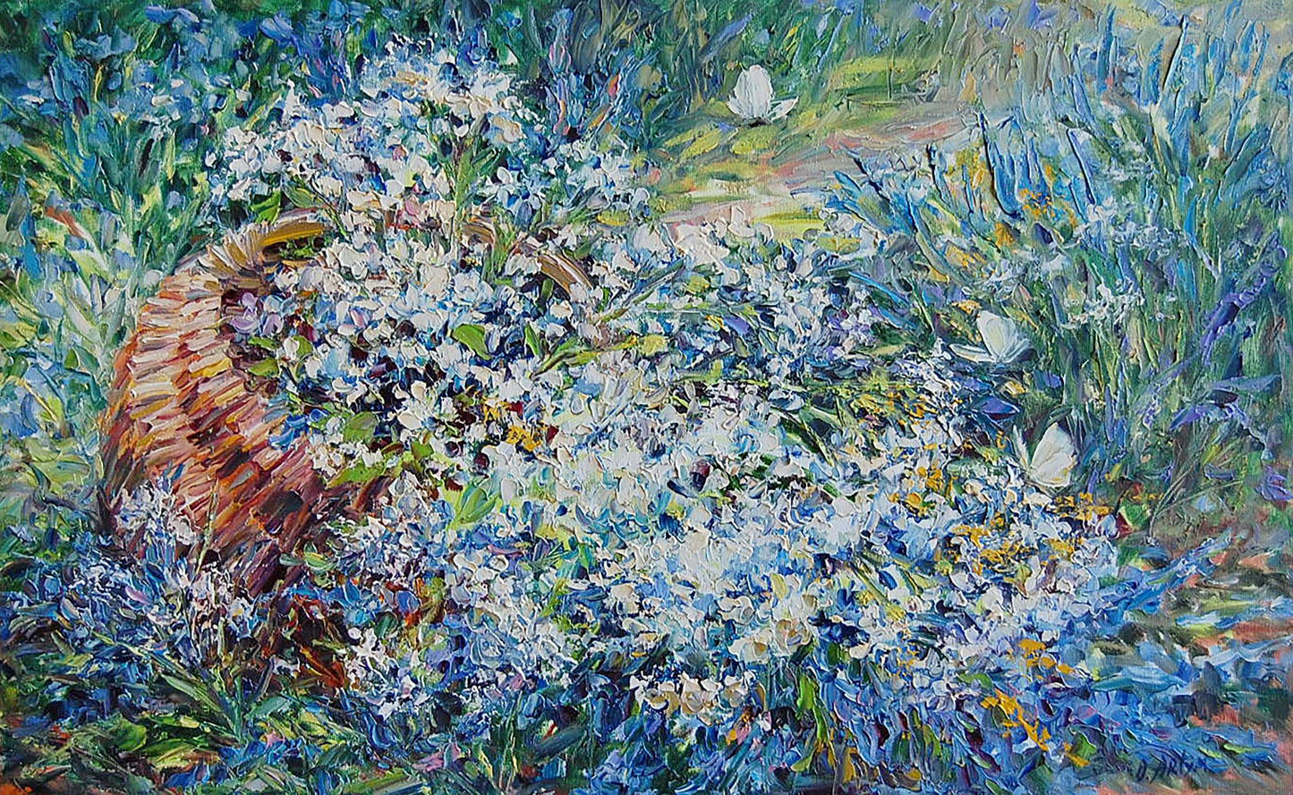 Oil painting by Artim Olga: woven brown basket overflowing with white and blue wildflowers in vibrant field