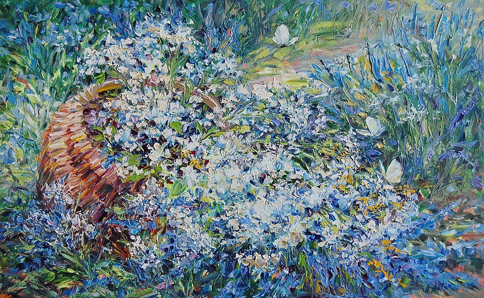 Oil painting by Artim Olga: woven brown basket overflowing with white and blue wildflowers in vibrant field