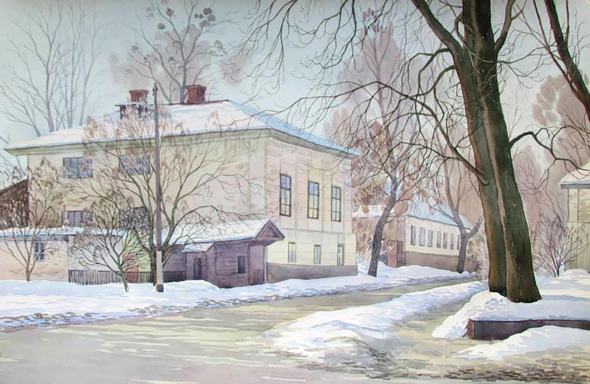 Watercolor painting The first rays of sun in winter Valery Savenets
