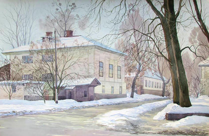 Watercolor painting The first rays of sun in winter Valery Savenets