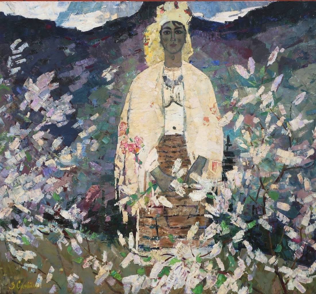 Oil painting by Cheremshina Samilenko Z.O. of woman in cream floral coat amid white blossoms