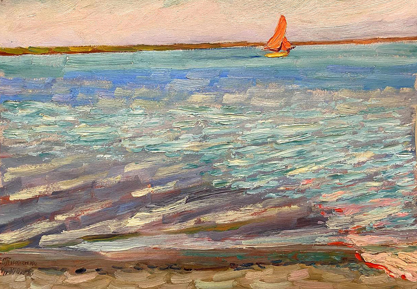 Oil painting of vibrant orange sailboat on turquoise sea by Tkachenko Evgeny Nikolaevich