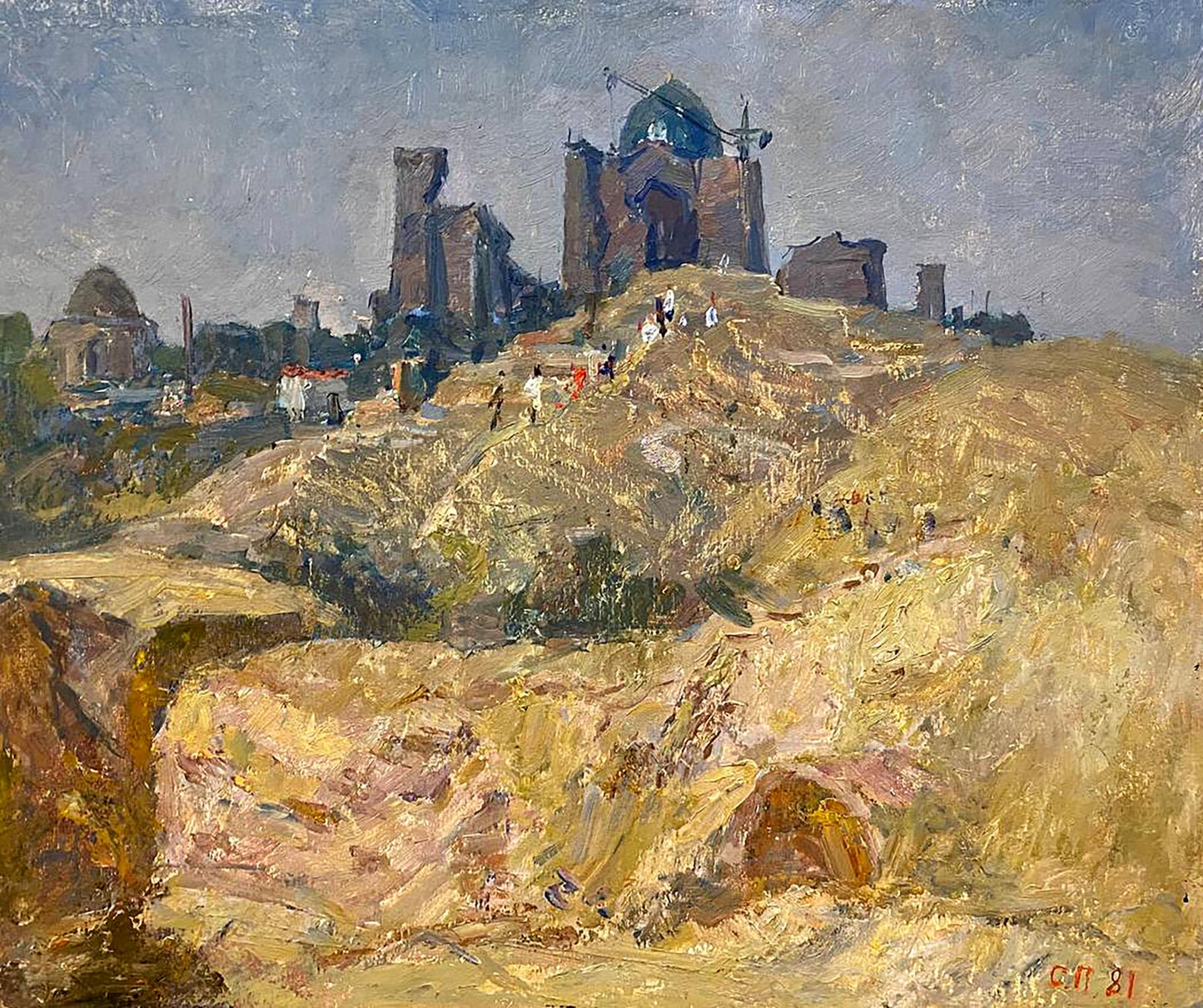Oil painting of ancient Petra ruins with blue dome by Petrashevsky Stanislav Vasilievich