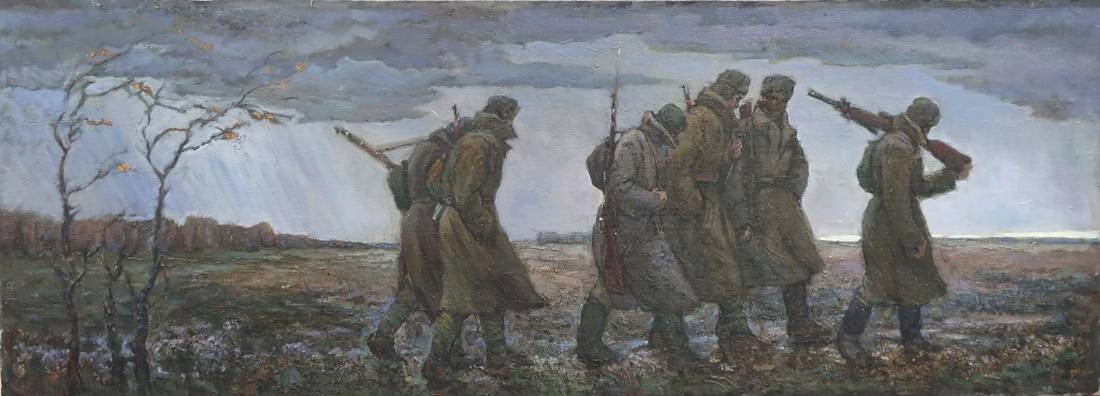 Somber oil painting by V.A. Mashnitsky of soldiers in field, Year 41st