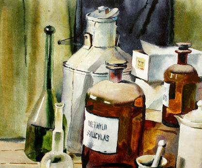Watercolor painting of methyl salicylas bottle by Egor Shvachunov