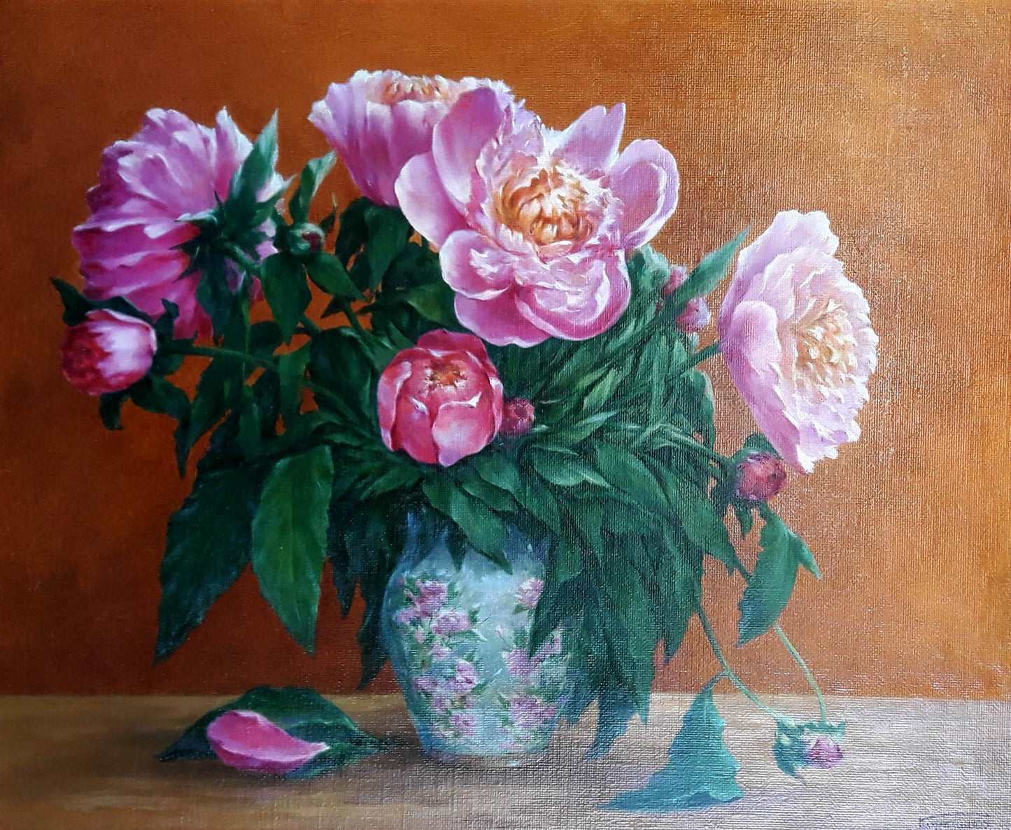 Oil painting of pink peonies by Korkishko Vasily in light blue vase