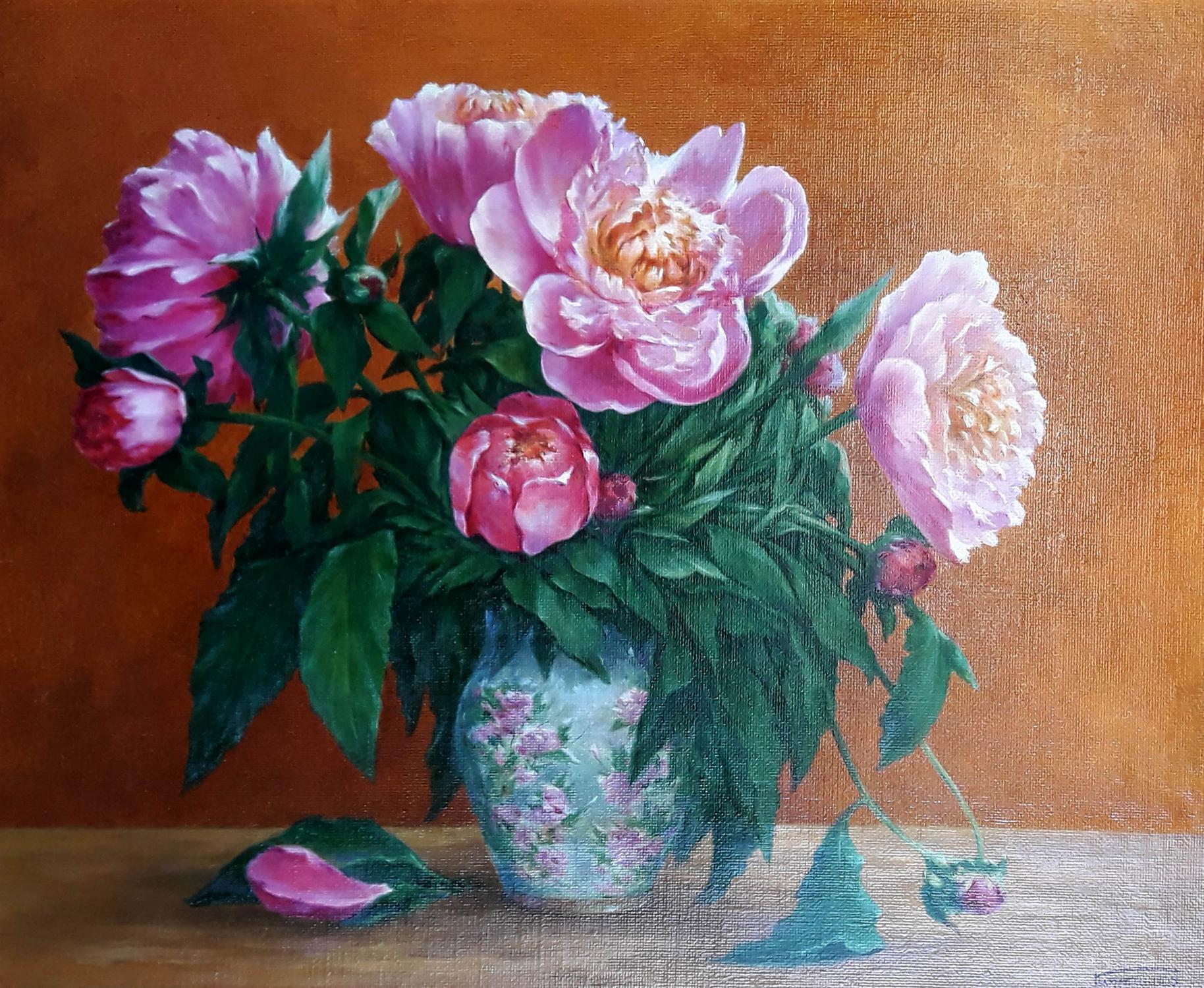 Oil painting of pink peonies by Korkishko Vasily in light blue vase