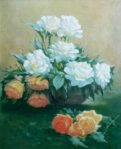 Oil painting of white and yellow roses in vase by Vasily Korkishko