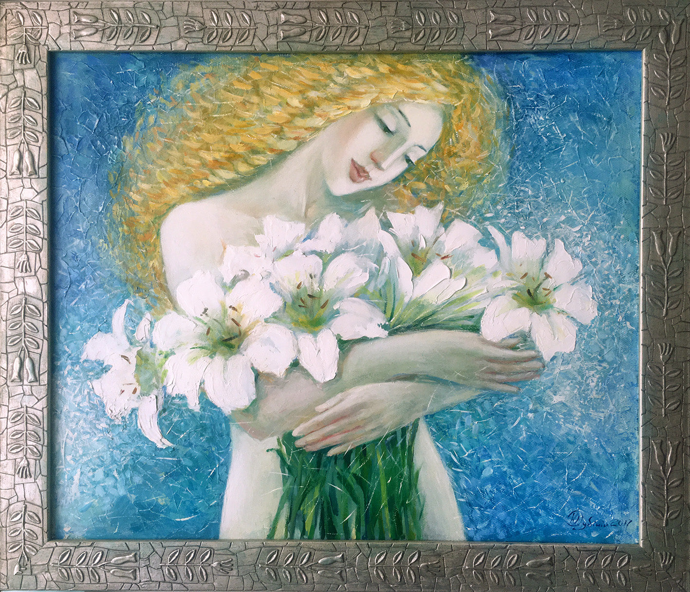 Oil painting Angels day by Dubinin Yurii: golden-haired woman with lilies