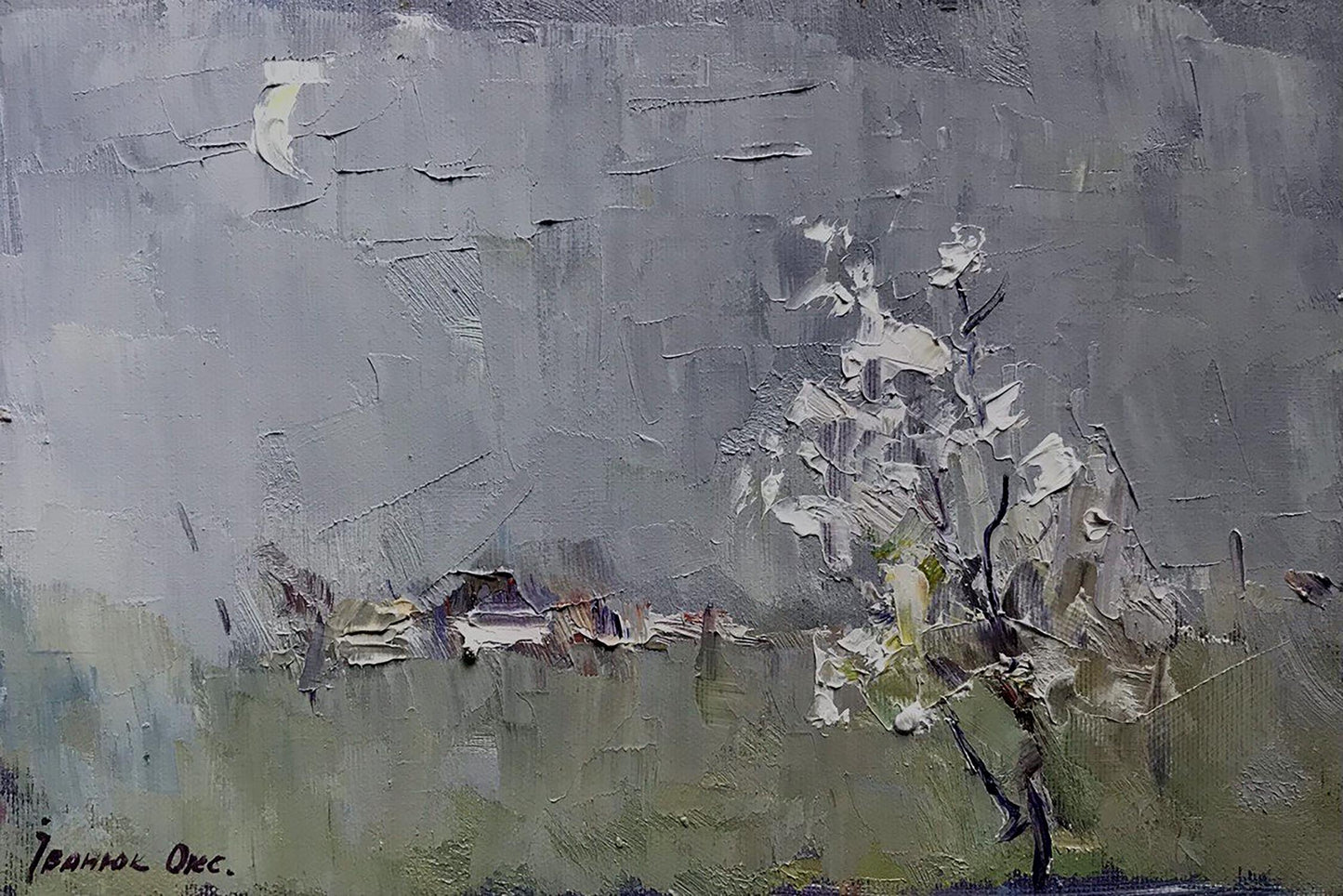 Oil painting Spring morning by Ivanyuk Oksana: solitary tree in muted sky