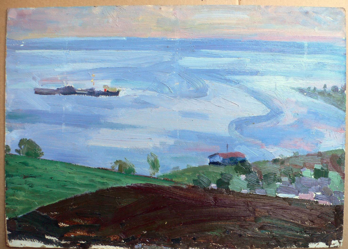 Oil painting by Dali Dnieper Erlikh Vladimir Isaakovich: blue sea, ship, green hills, pink-orange sky