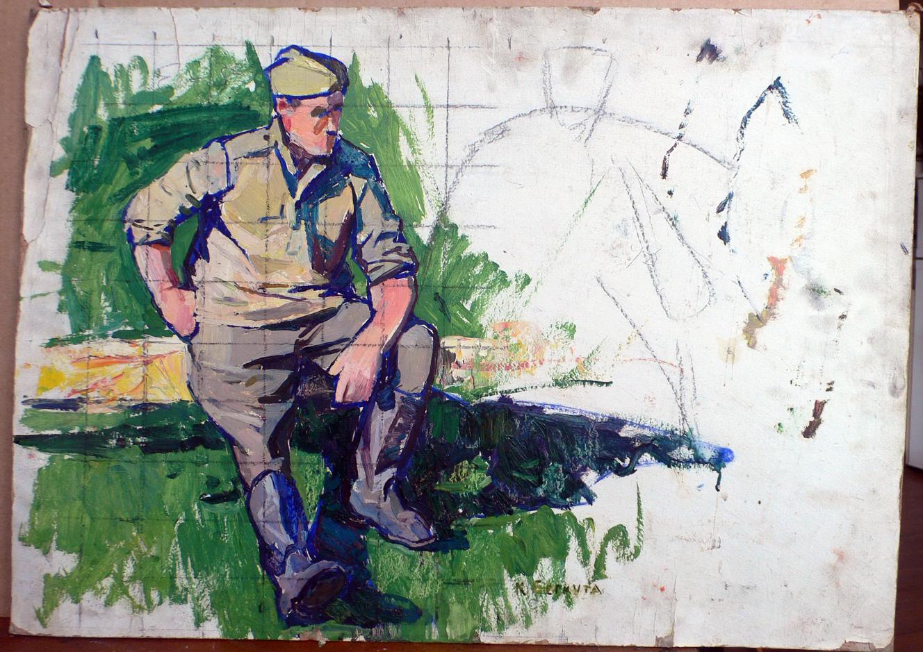 Oil painting of soldier on vacation by Berkut Kommunar Savelyevich
