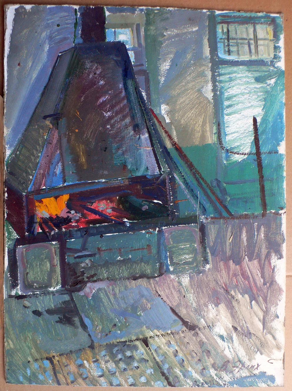 Oil painting In the forge by Erlikh Vladimir Isaakovich, textured industrial machine with fiery accents