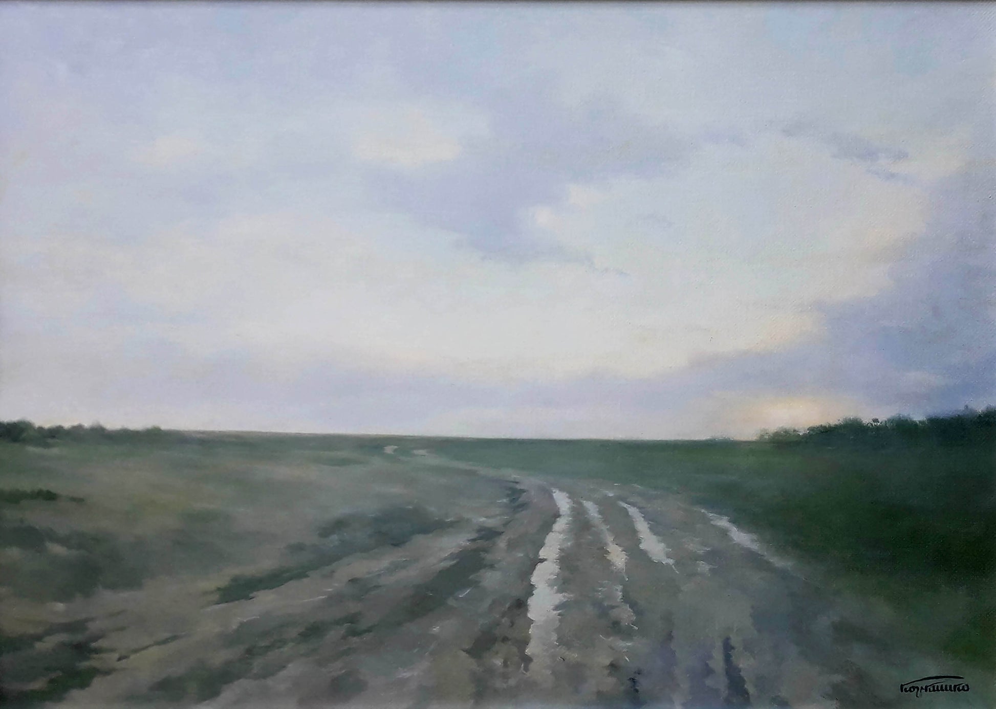Oil painting After the Rain by Korkishko Vasily: impressionistic rural road