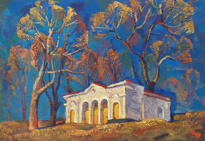Oil painting by Egor Shvachunov: white classical building with red roof